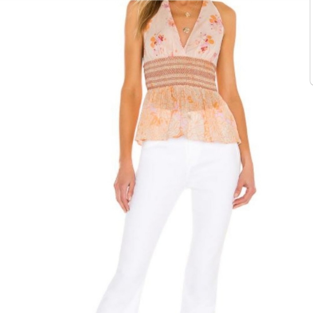 Free People Brinkley V Neck Smocked Tank Top Orange White Floral Print Open Back - Picture 4 of 6